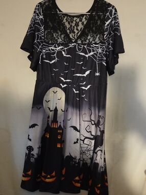 Womans Black Halloween Print Dress with Lace Yoke